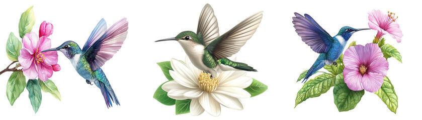 Exquisite watercolor illustration featuring three vibrant hummingbirds in flight, delicately interacting with magnolia and hibiscus blossoms. On transparent background