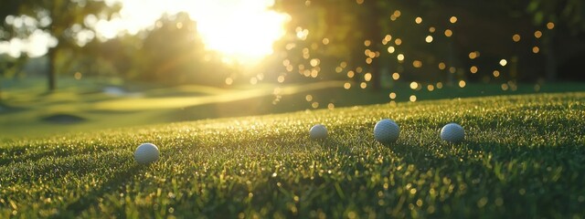 Golf clubs and balls on a green lawn in a beautiful golf course with morning sunshine. Close up of golf equipment on green grass.
