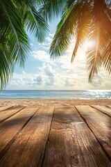 Tropical Beach Scene with Wooden Deck Peaceful Ocean View Summer Vacation Paradise