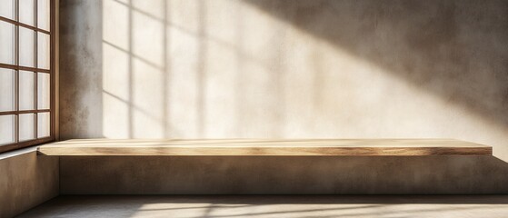 Wooden Shelf Against Beige Wall Sunlit Room Interior Design