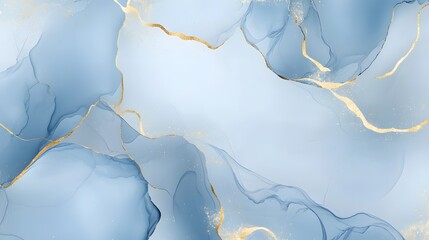 Abstract Blue Ink Wash Painting With Gold Accents