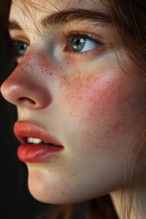 Naklejka premium Close-up of the female model face, the light falls on her nose and cheeks. She is looking sideways, the background in dark tones. 