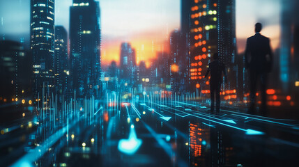 abstract professional business team people connection of line from nail node to node on Smart digital cityscap and skyline background , Innovation networking concept