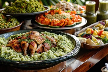 Obraz premium Peruvian gourmet buffet featuring traditional dishes like Arroz con Pollo.