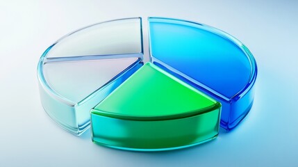 A financial pie chart with transparent D slices in blue and green hues, displayed on a light background, with each slice slightly separated for emphasis