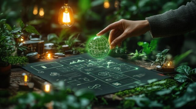 Hand holding glowing globe over eco-friendly tech plan.