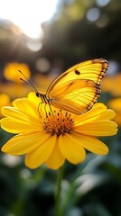 Golden Butterfly on Sunny Yellow Flower: A Serene Nature Close-up