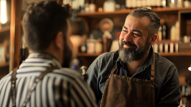 Bearded man wearing apron smiling while talking to someone.