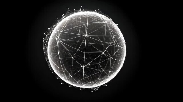 Black and white image of a sphere with many lines and dots. The sphere is the main focus of the image