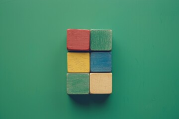 Colorful wooden building blocks on a green background