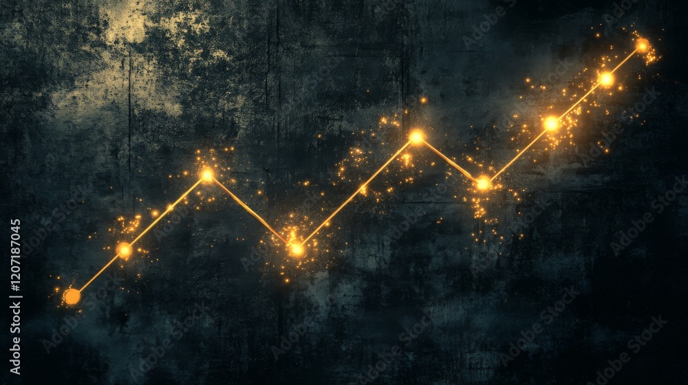 Aufkleber a glowing line chart with a golden line trending upward, set on a textured black background for a se