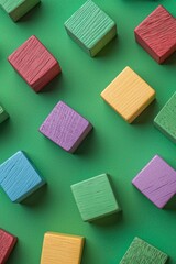 Fototapeta premium Colorful wooden building blocks on a green background