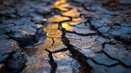 Photography of a cracked, dry riverbed in a barren wasteland, symbolizing the devastating effects of drought and extreme climate change.