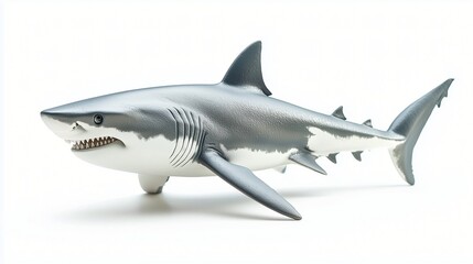 Fototapeta premium A great white shark isolated on a white background The shark has a grey back and a white underbelly Its mouth is slightly open revealing sharp teeth 