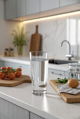 Glass of water on a modern kitchen counter