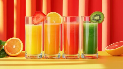 Colorful Refreshing Fruit Juices in Tall Glasses on Bright Background