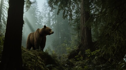 Fototapeta premium The grizzly bear, a symbol of wilderness, surveys its surroundings in a lush forest under a cloudy sky.