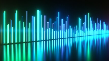 A high-tech D bar graph with glowing neon bars in shades of blue and green, on a reflective surface, creating a modern, futuristic data look