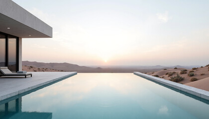 Modern infinity pool overlooking desert landscape at sunset