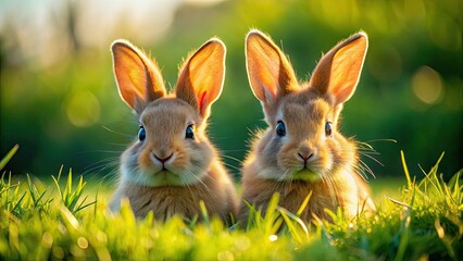 Fototapeta premium Adorable bunnies frolic below, a captivating aerial view showcasing their natural charm.