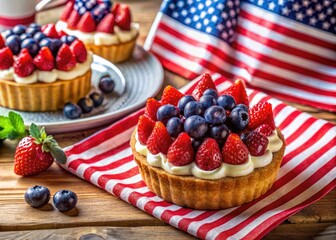 Patriotic 4th of July feast:  American flag cake takes center stage, alongside BBQ & star-themed sweets.