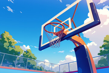 A vibrant basketball hoop under a clear blue sky, surrounded by lush trees and playful clouds