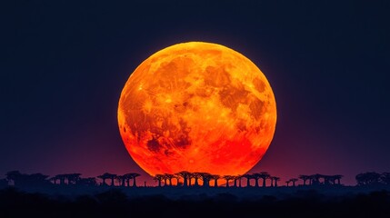 Blood moon over baobab trees at twilight