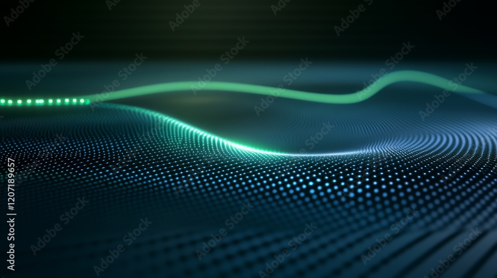 Poster a line graph with smooth curves and glowing data points on a dark digital grid, giving a futuristic 