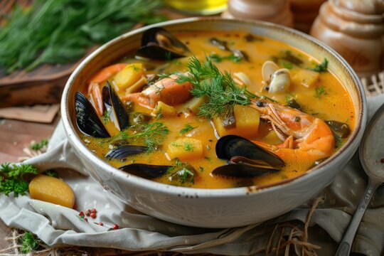 Peruvian seafood soup with crab  mussels  and cassava
