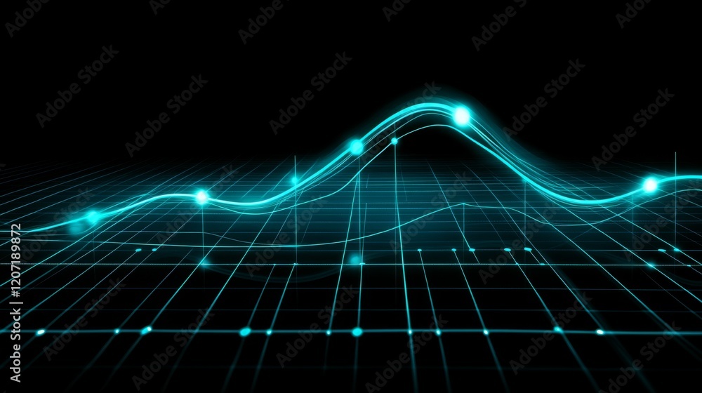 Poster a line graph with smooth curves and glowing data points on a dark digital grid, giving a futuristic 