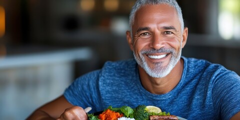 Mature caucasian male enjoying a healthy meal with vegetables and grains Let's All Eat Right Day