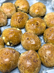 Healthy buns made from cottage cheese and spelled flour, baked in an electric oven and lightly brushed with butter.  The buns are filled with ground poppy seeds.