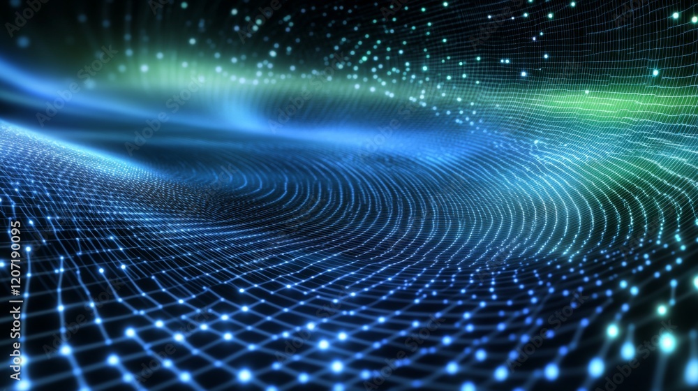 Poster a line graph with smooth curves and glowing data points on a dark digital grid, giving a futuristic 