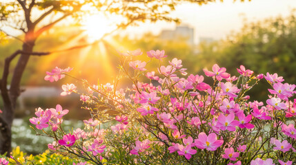Obraz premium Spring Blooms at Sunset: Pink Flowers in Golden Light