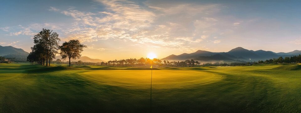 Golf teeing ground in golf course with sunrise background.