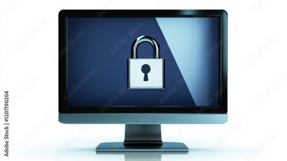 Poster a lock symbol on a computer monitor with a password input screen, representing secure login and prot