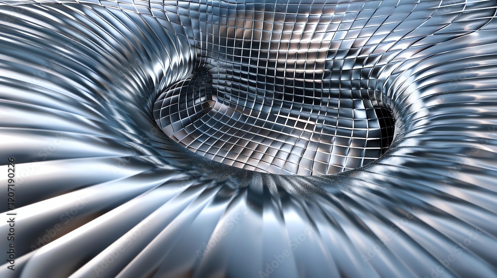 Poster 3d rendering of a twisted metal surface with a hole in the center. the surface is made of shiny silv