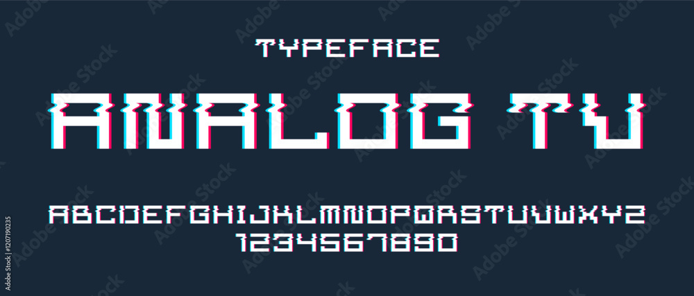 Poster glitch noisy geometric vector font in analog style, futuristic cyberpunk typeface with digital grung