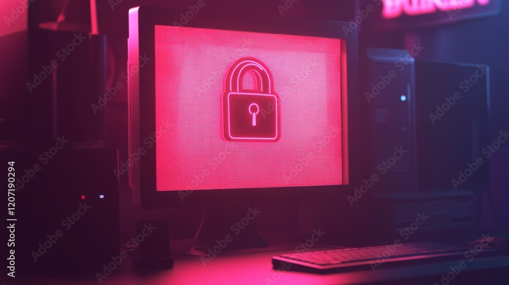 Poster a lock symbol on a computer monitor with a password input screen, representing secure login and prot