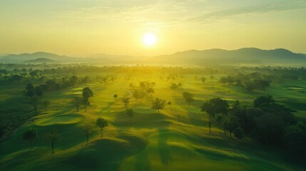Fototapeta premium Golf teeing ground in golf course with sunrise background.