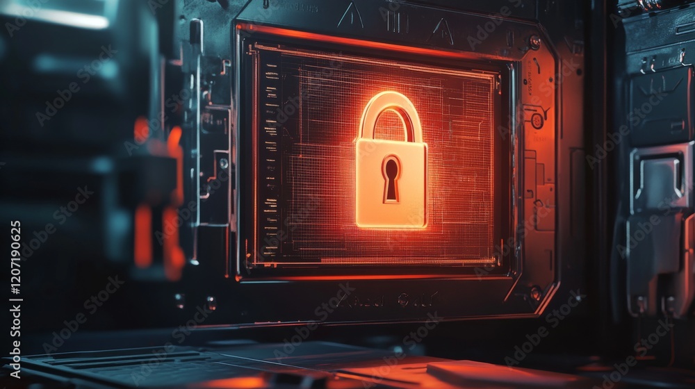 Poster a lock symbol on a computer monitor with a password input screen, representing secure login and prot