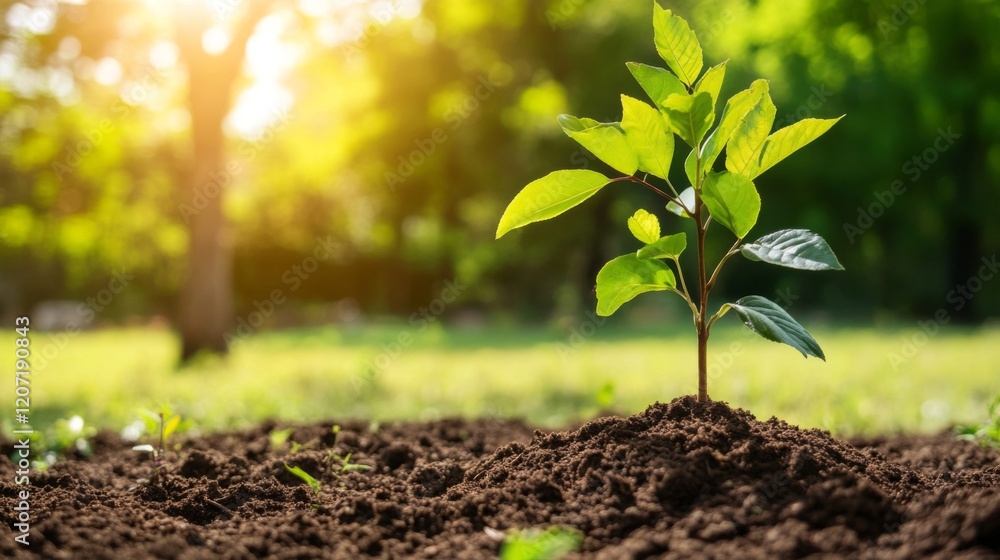 Poster a lush green landscape with young saplings being planted in rich soil, sunlight filtering through th