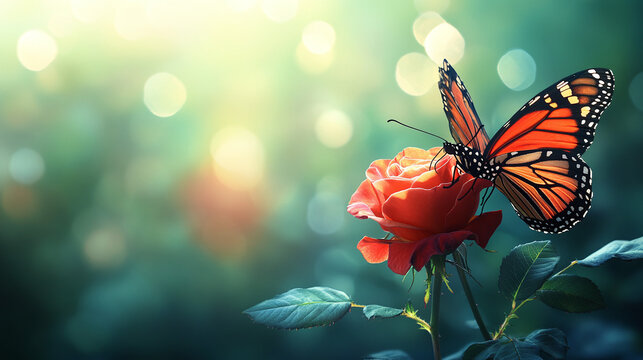 A butterfly sitting on a red rose, dew blurred background. - Powered by Adobe