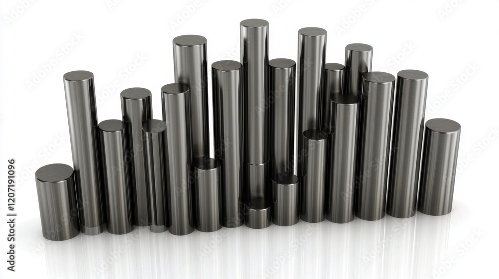 Poster a minimalist d bar graph with metallic bars in gray tones, set on a white reflective surface with cl