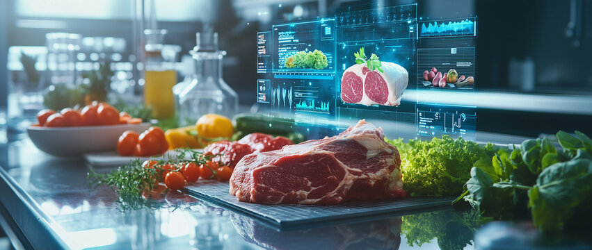 A food technology concept featuring a futuristic food neon hologram and digital display with meat products on the table in a laboratory or secret lab