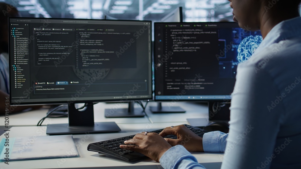 Poster data center admin using pc to find misconfigurations affecting rackmounts performance. person checki