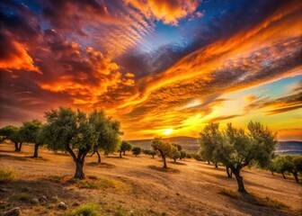 Andalusian sunset: stark silhouettes of trees against Spain's dramatic, fiery clouds.