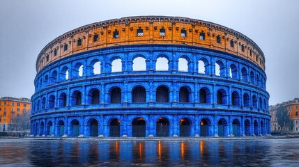 Fototapeta premium Blue amphitheater, city reflection, overcast day, historical site, tourism