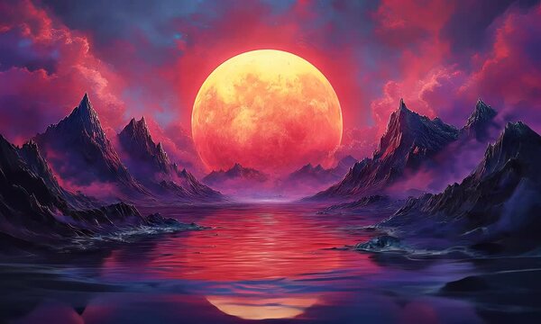 Giant orange moon setting over dark mountains reflected in still water.