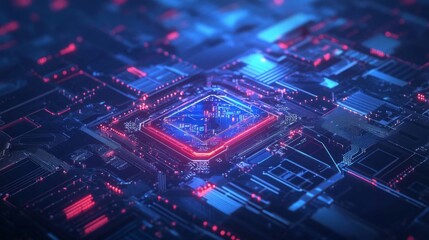 Obraz premium Abstract Glowing Circuit Board with Central Processing Unit